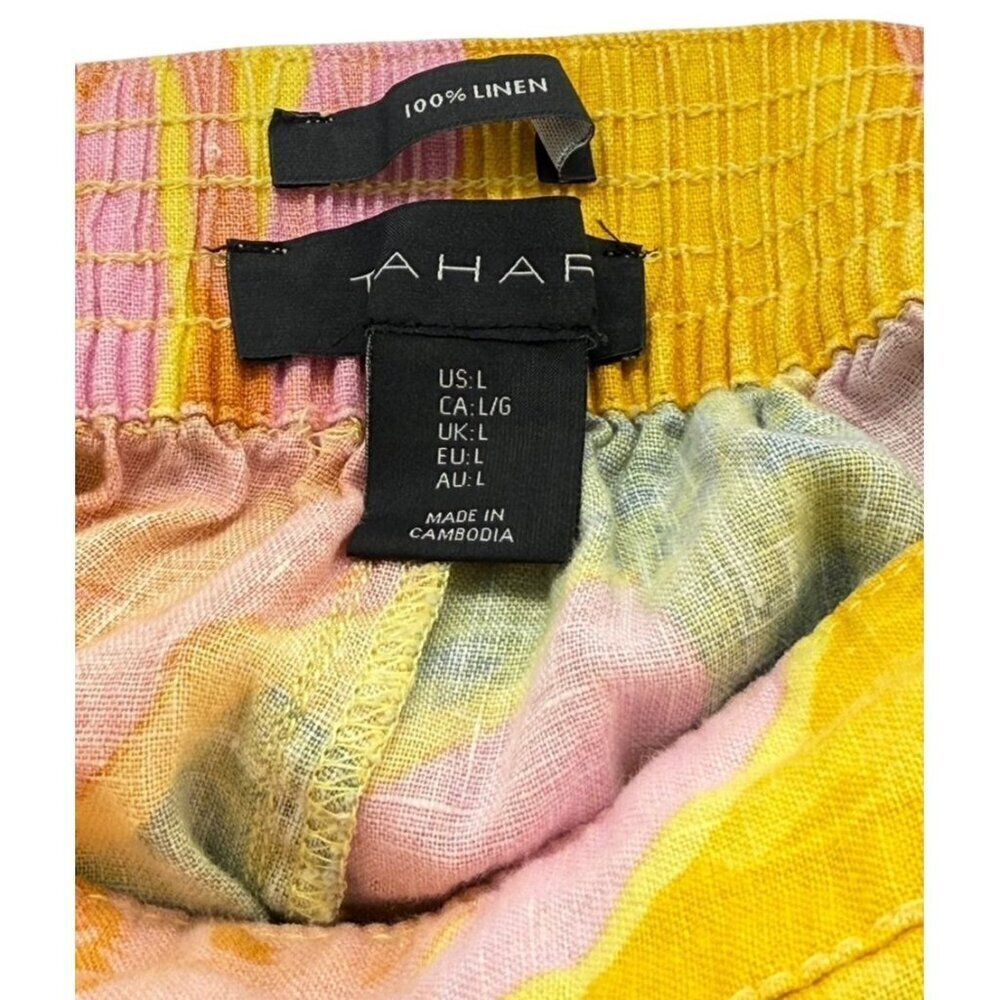 Women's Wide-Leg Printed Linen Pants - Pink & Yellow Leaf Print - Picture 6 of 8